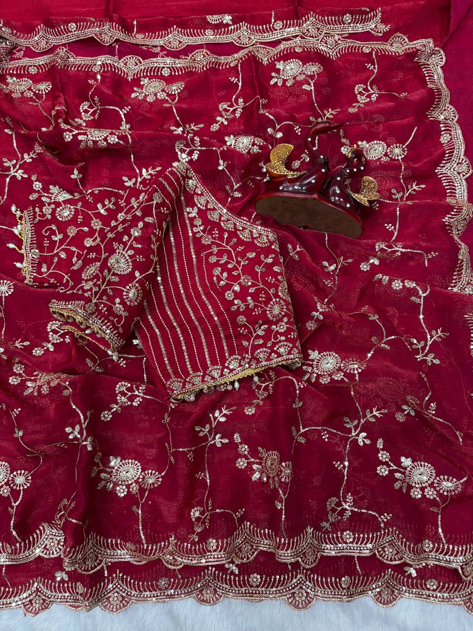 Elegant Rose Pink Color Chiffon Embroidery Work Saree