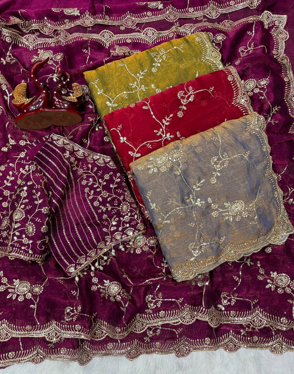 Elegant Wine Color Chiffon Embroidery Work Saree