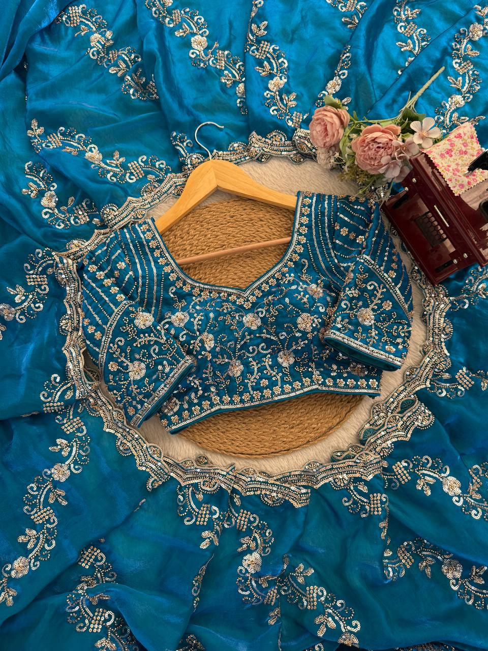 Teal Color Designer Fendy Silk Beads With Sequence Work Saree