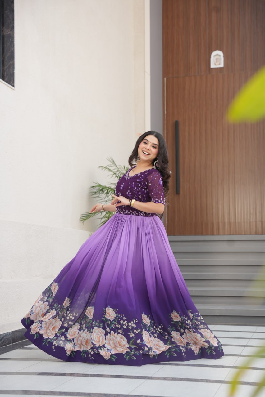 Function Wear Purple Color Faux Blooming With Embroidered Work And Rich Floral Padding Digital Printed Gown