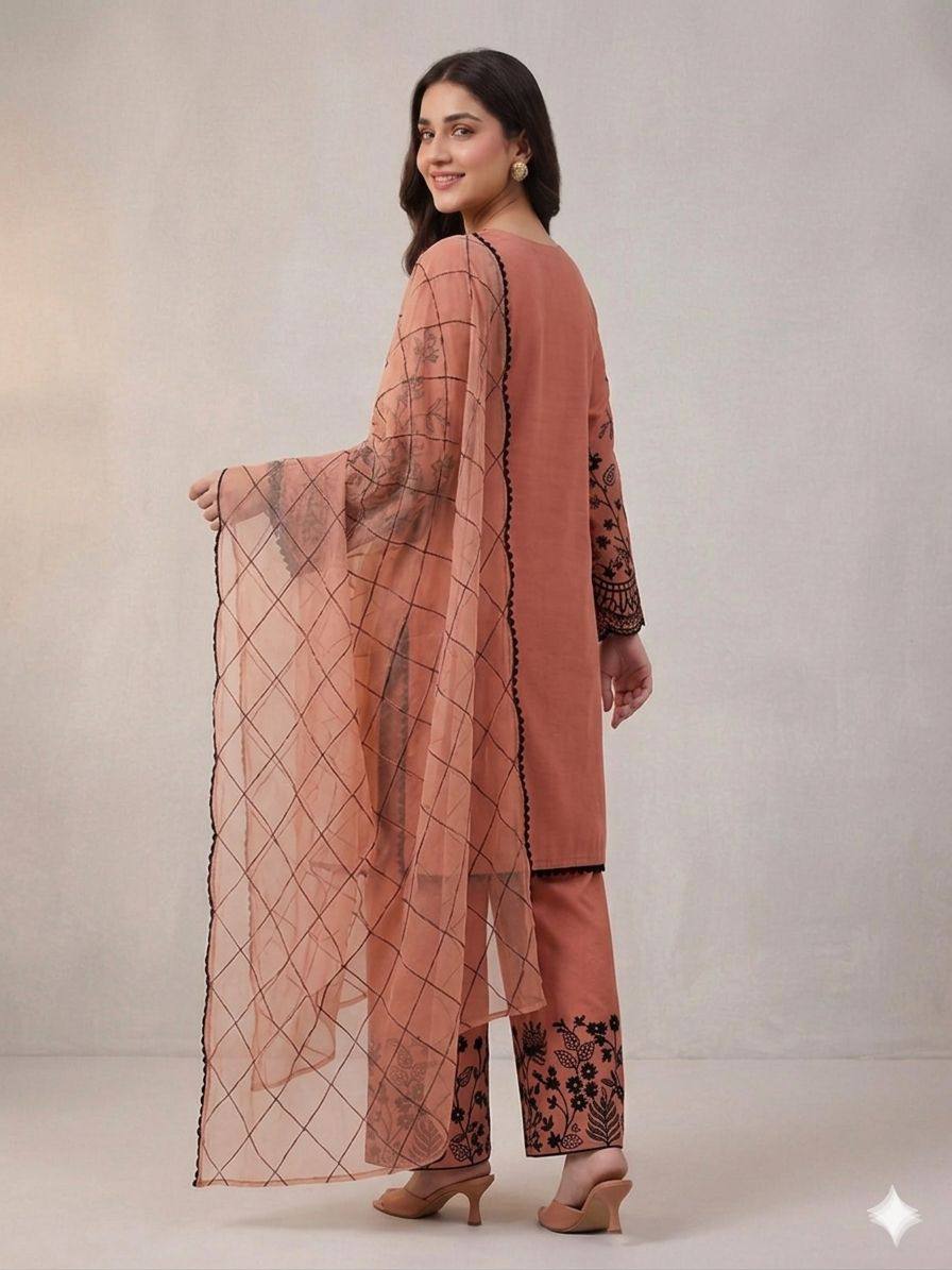 Elegant Orange Color Mal Cotton Embroidery Work Plazzo Suit