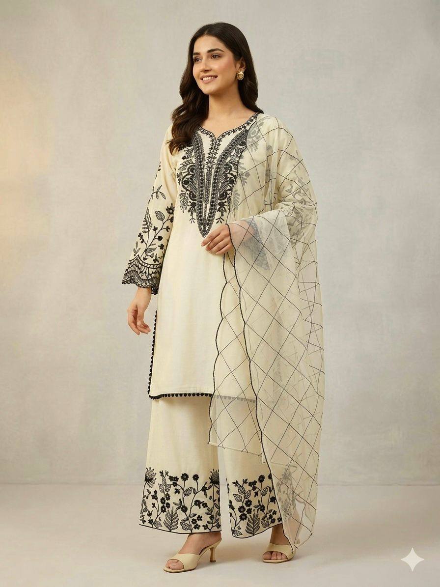 Elegant Cream Color Mal Cotton Embroidery Work Plazzo Suit