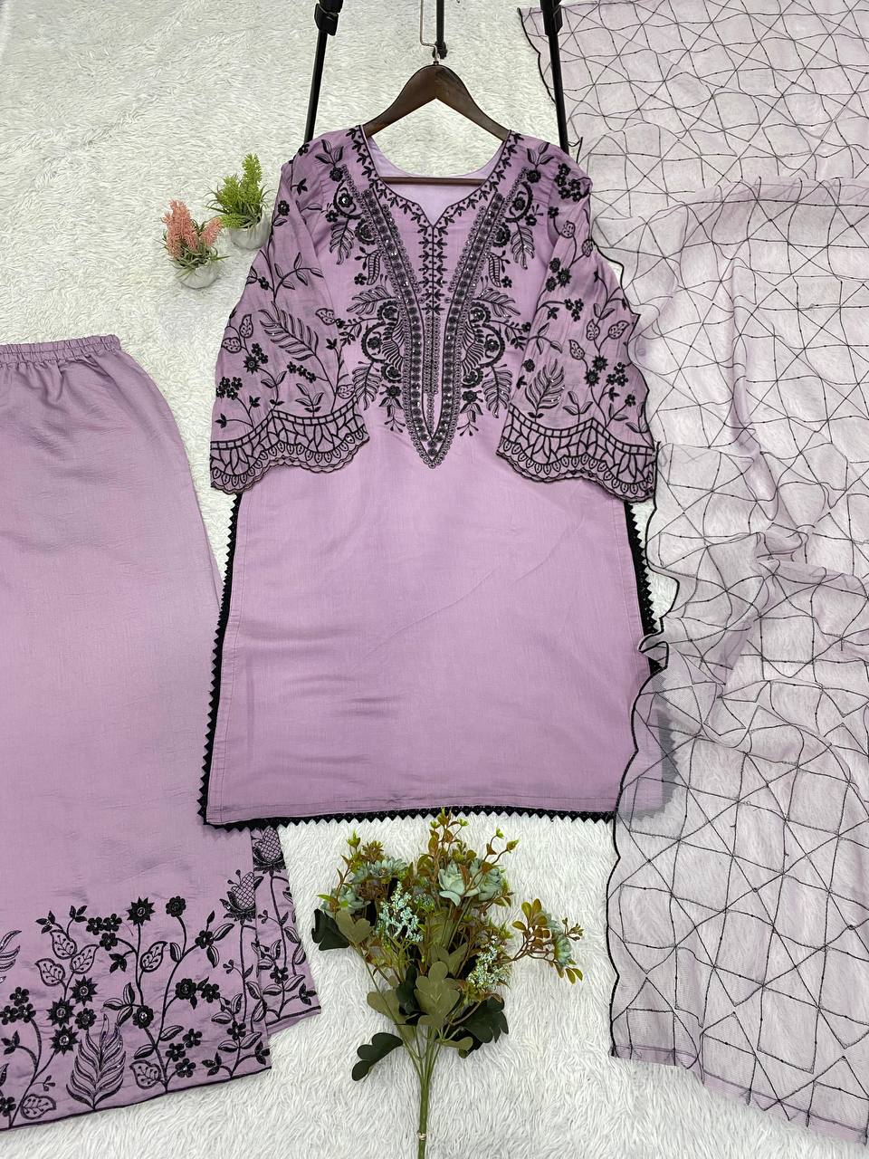 Elegant Lavender Color Mal Cotton Embroidery Work Plazzo Suit