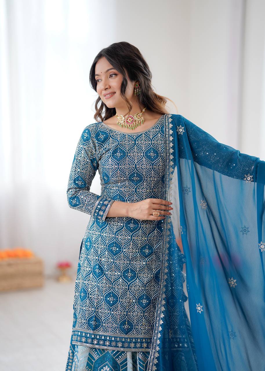 Arti Chauhan Sky Blue Color Faux Georgette Lehenga Set