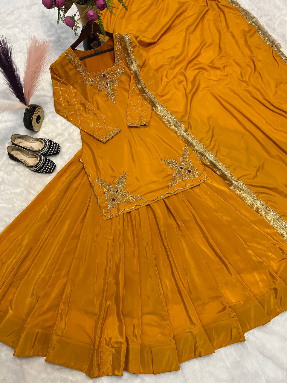 Blissful Yellow Color Natural Crepe Silk Bids Hand Work With 3mm Sequence With Embroidery And Zari Work Lehenga Suit