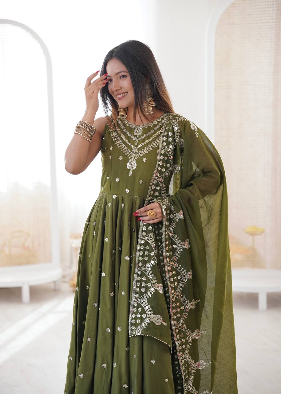 Function Wear Green Color Roman Silk Arti Chauhan Anarkali Gown Set