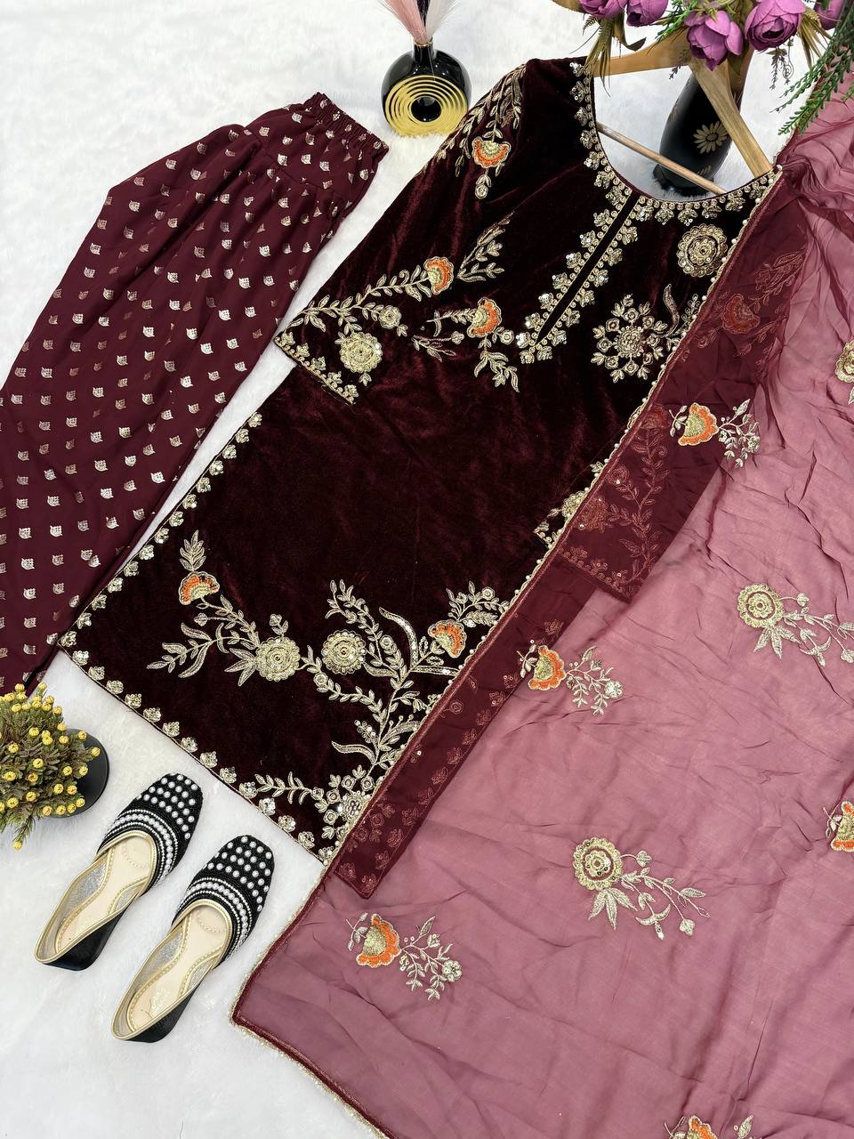 Coffee Color Designer Velvet Farshi Salwar Suit Set
