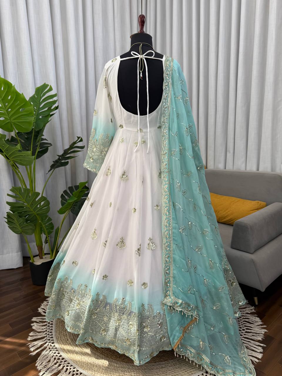 Wedding Wear Off White With Blue Color Georgette Anarkali Gown Set