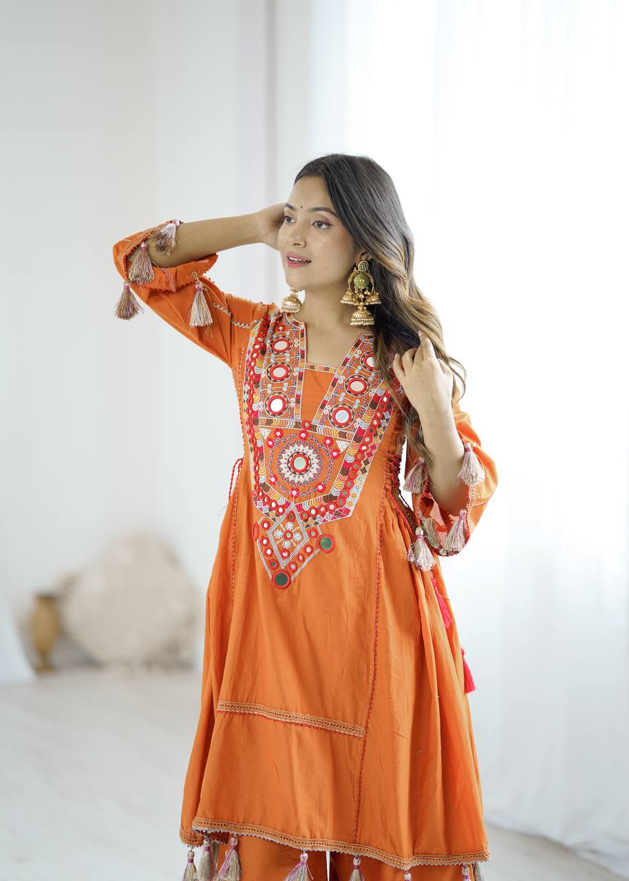 Fetive Wear Dusty Orange Color Pure Khadi Cotton Embroidered Designer Co-ord Set