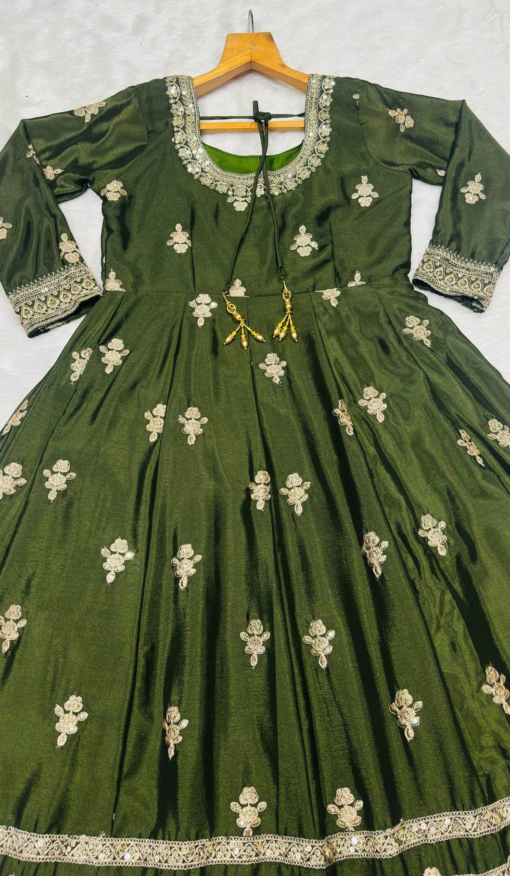 Luxury Green Color Designer Chinon Silk Embroidered Anarkali Gown Suit