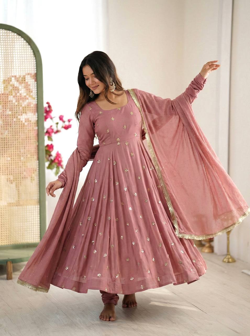 Arti Chauhan Wear Peach Color Roman Silk Anarkali Set