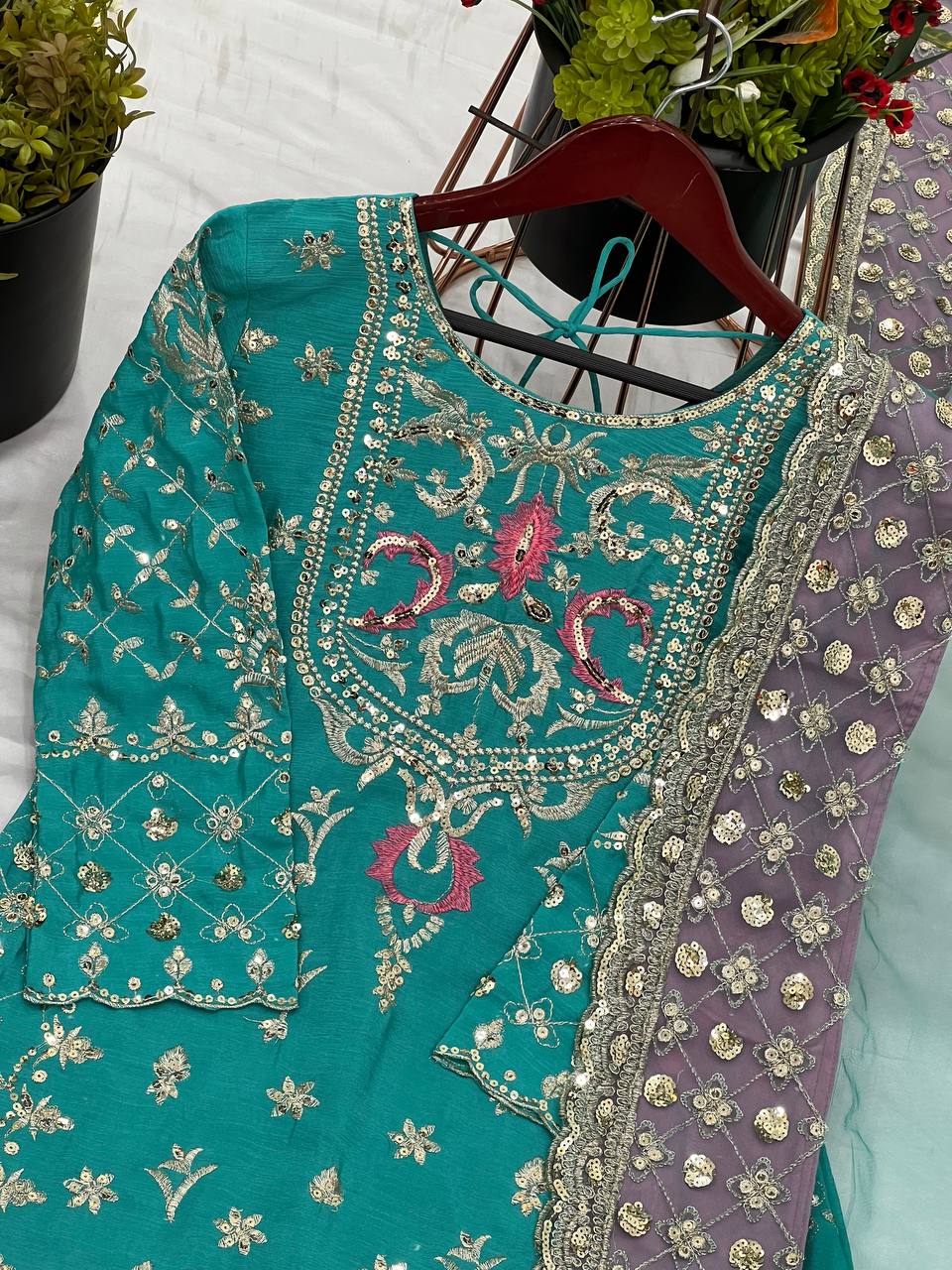 Bollywood Style Green color Heavy Chinnon silk With Embroidery Sequence Work Sharara Suit