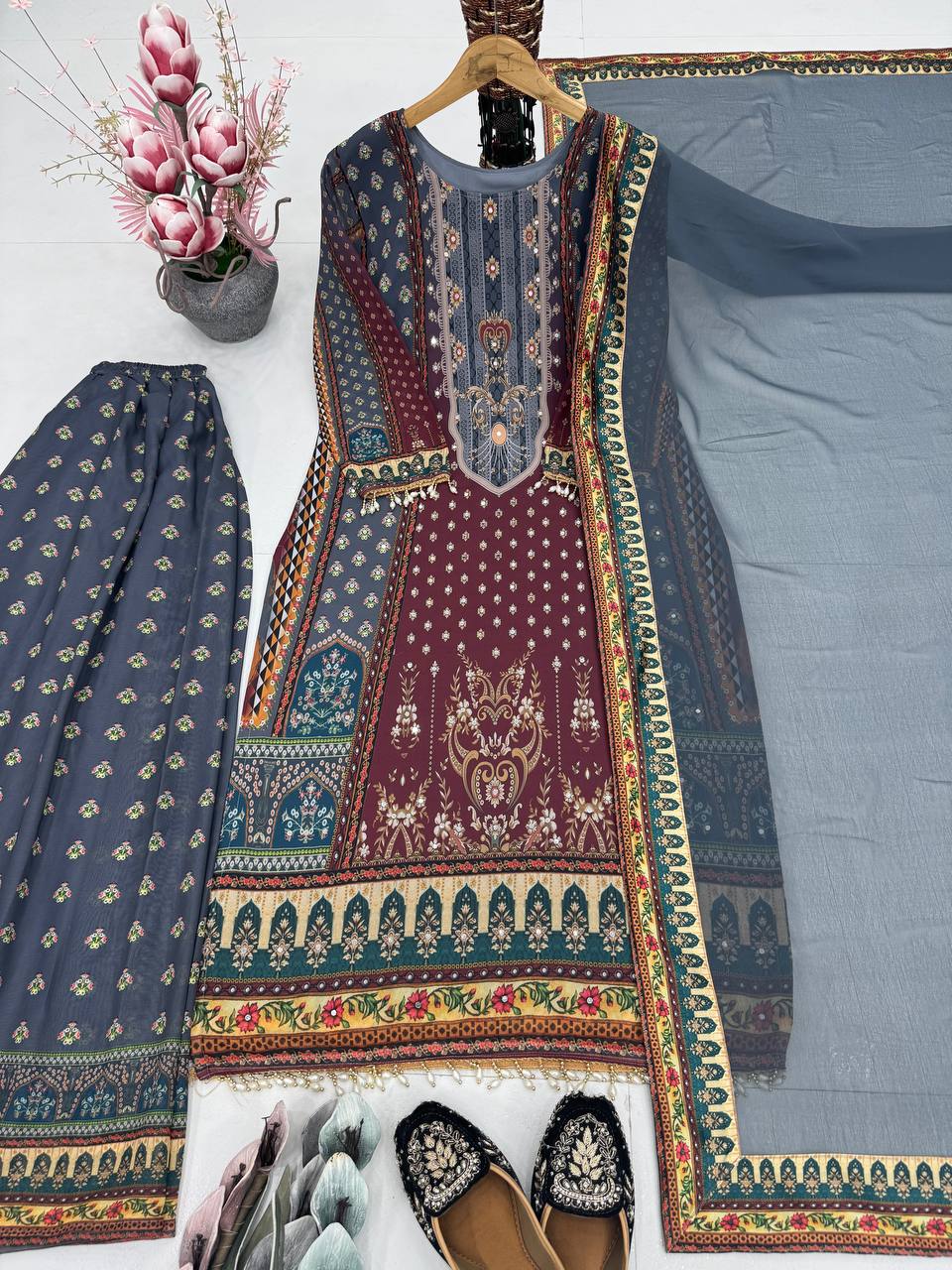 Trendy Maroon Color Heavy Faux Georgette Digital Print With Real Mirror Hand Work Palazzo Suit