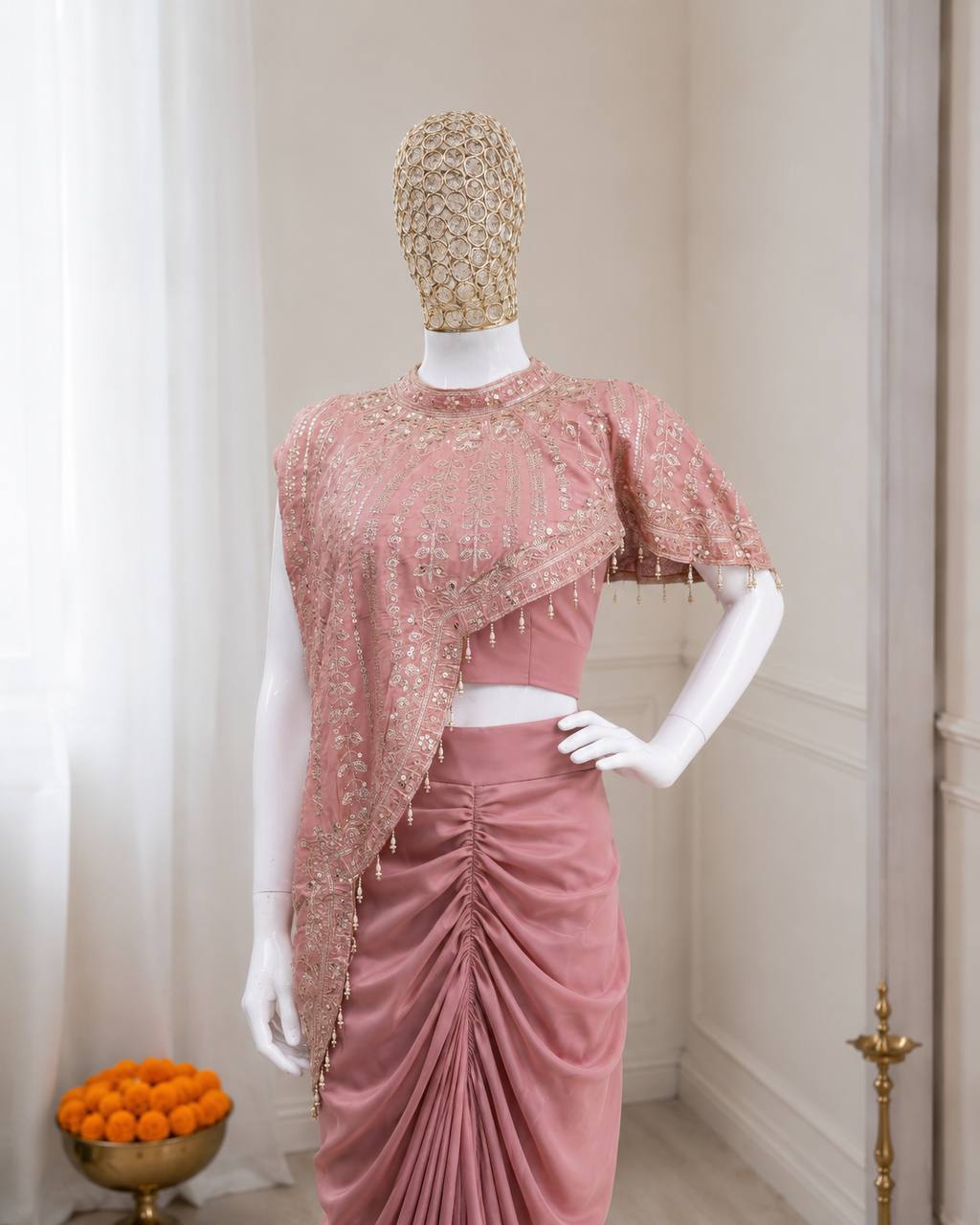 Designer Peach Color Crepe Silk Koti Dhoti Set