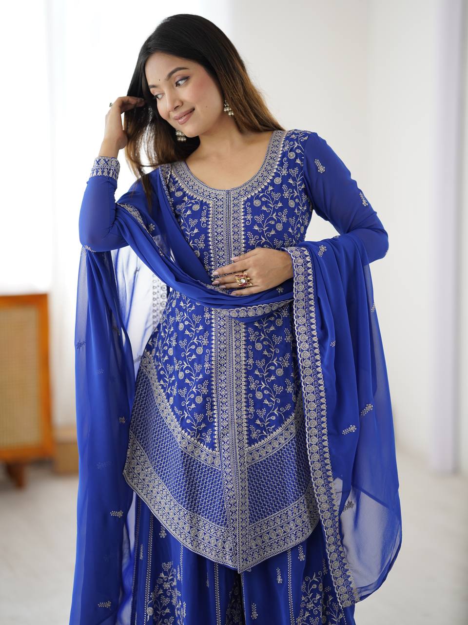 Arti Chauhan's Blue Color Embroidered Top With Palazzo With Dupatta Set
