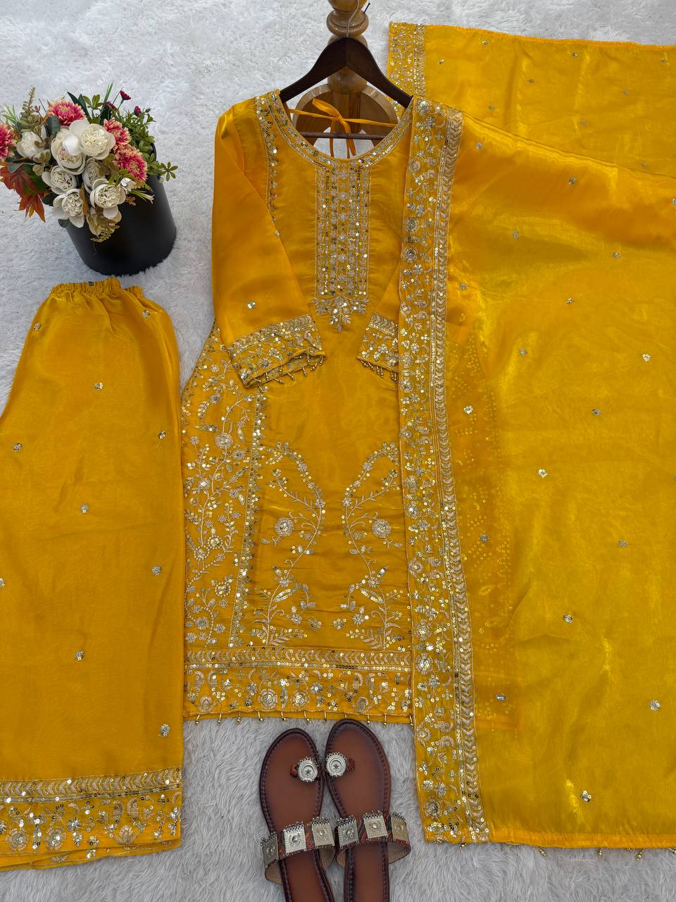 Haldi Wear Yellow Color Embroidery Sequence Work Palazzo Set