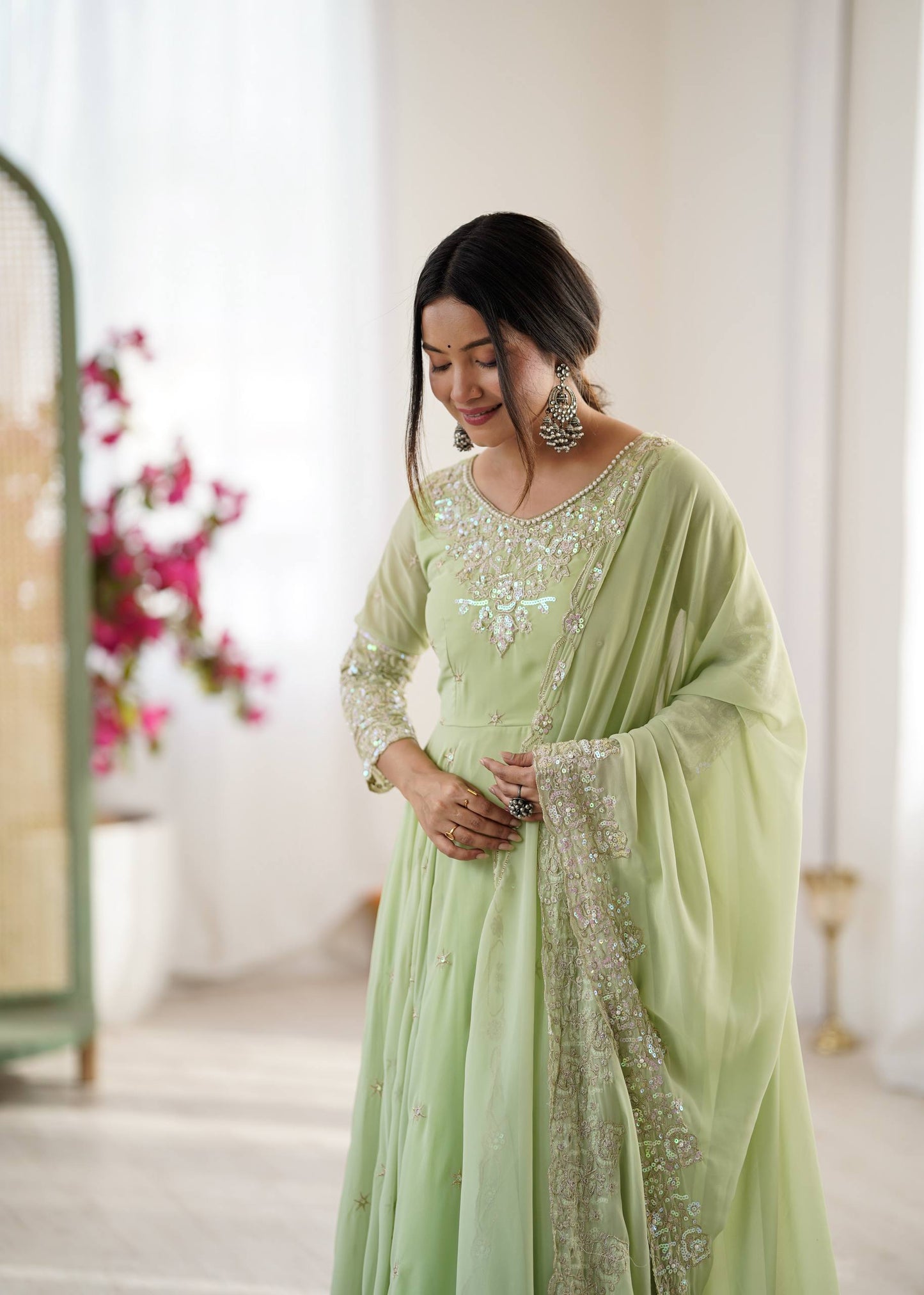 Arti Chauhan Wear Green Color Sequence Embroidered Anarkali Gown