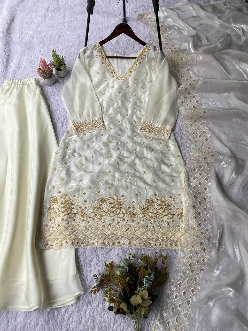 White Color Beads With Sequence Embroidered Kurti Palazzo Suit
