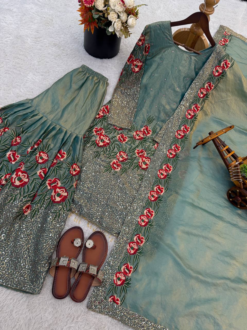 Luxury Light Green Color Fendy Silk Handwork Sharara Set