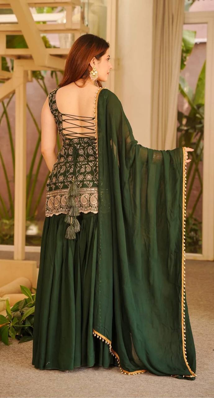 Green Color Designer Blooming Faux Georgette Palazzo Sharara Suit