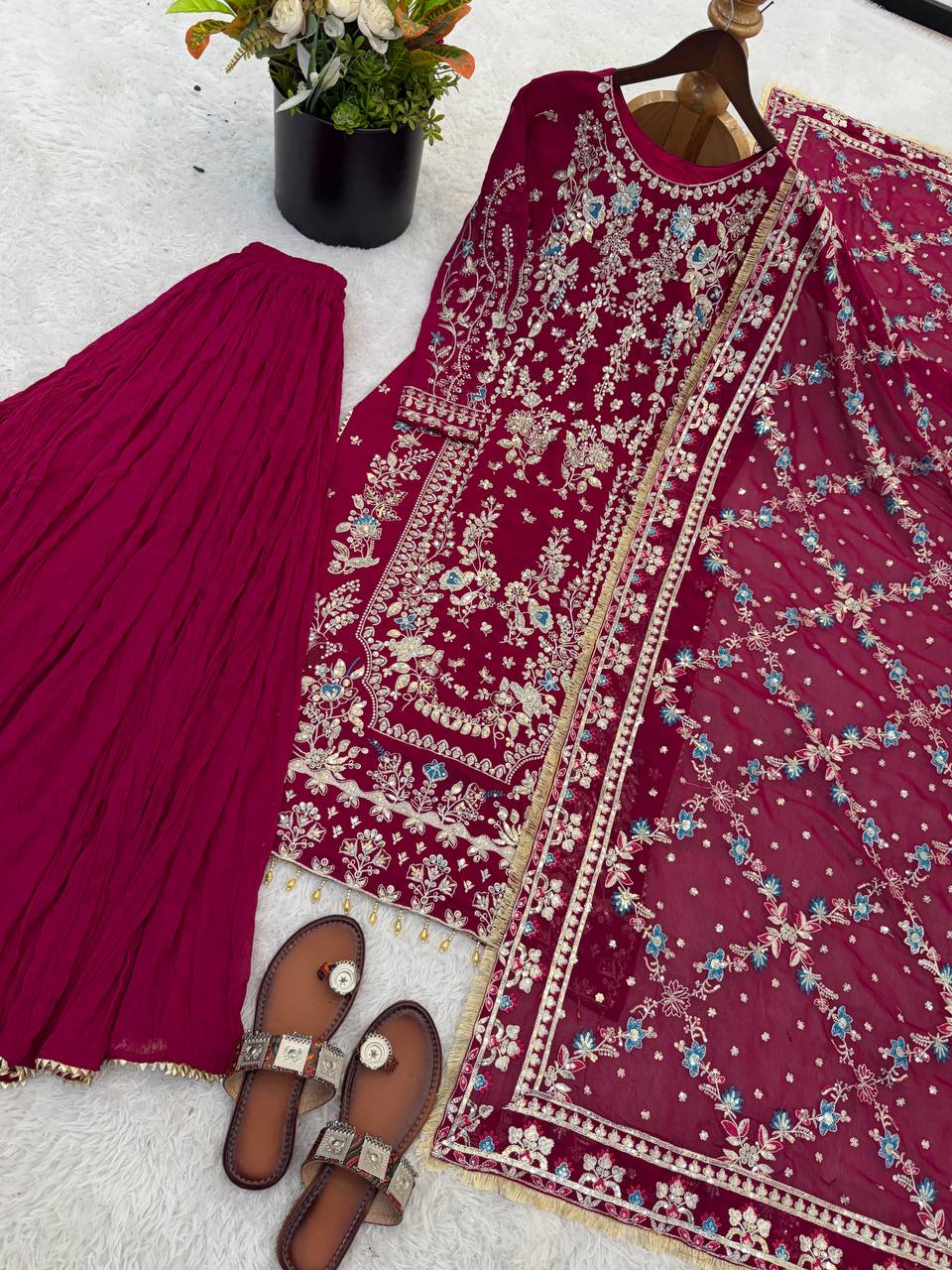 Wedding Wear Dark Pink Color Heavy Faux Georgette Palazzo Set