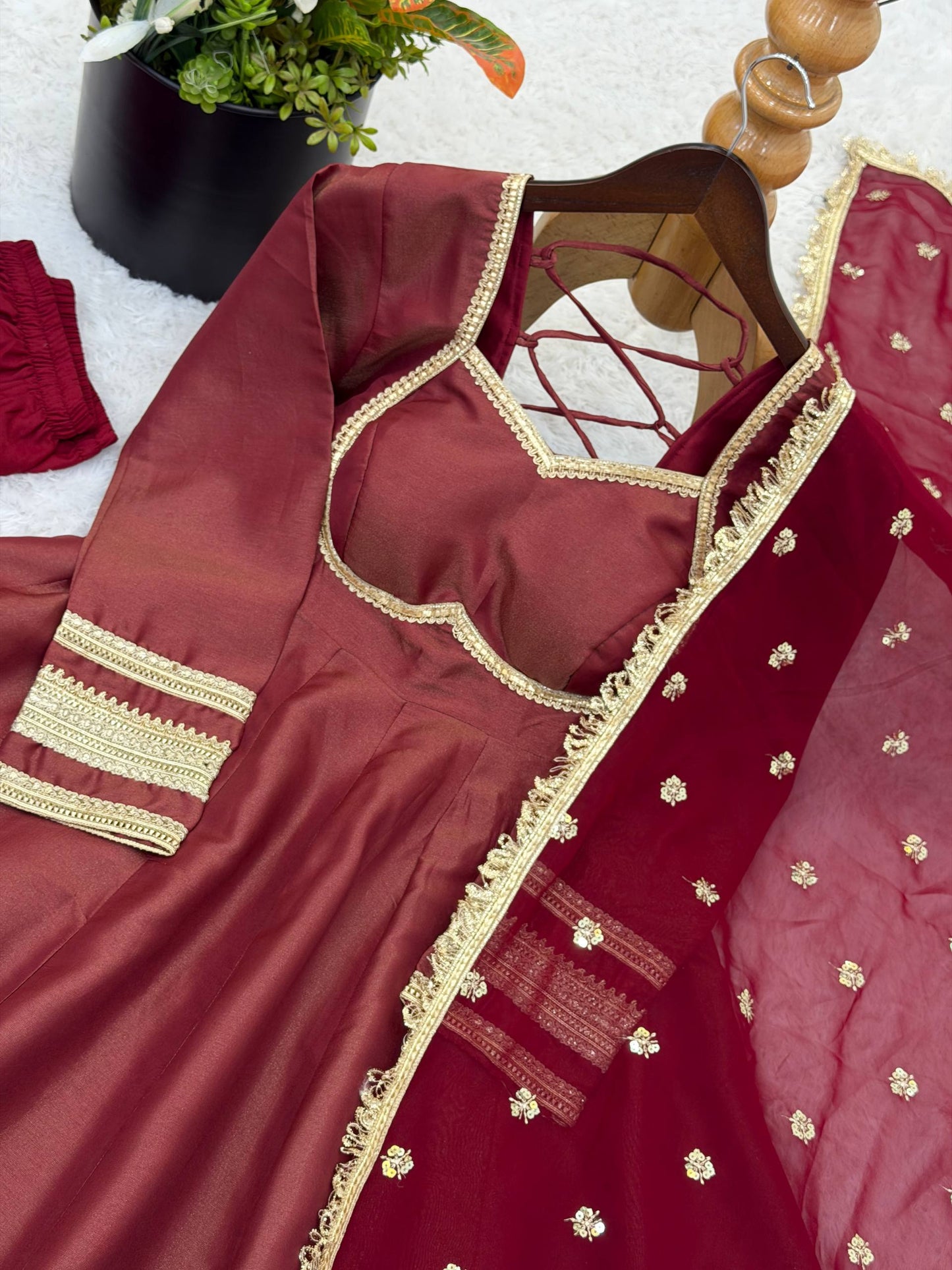 Arti Chauhan Wear Maroon Color Sequence Cosmos Gold Anarkali Suit With Dupatta