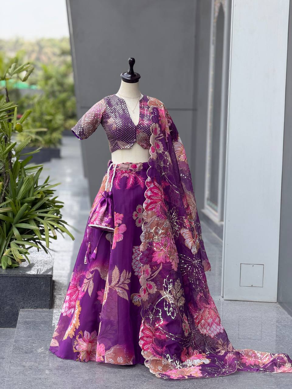 Designer Pruple Color Organza Digital Print Lehenga Set With Batwa Bag