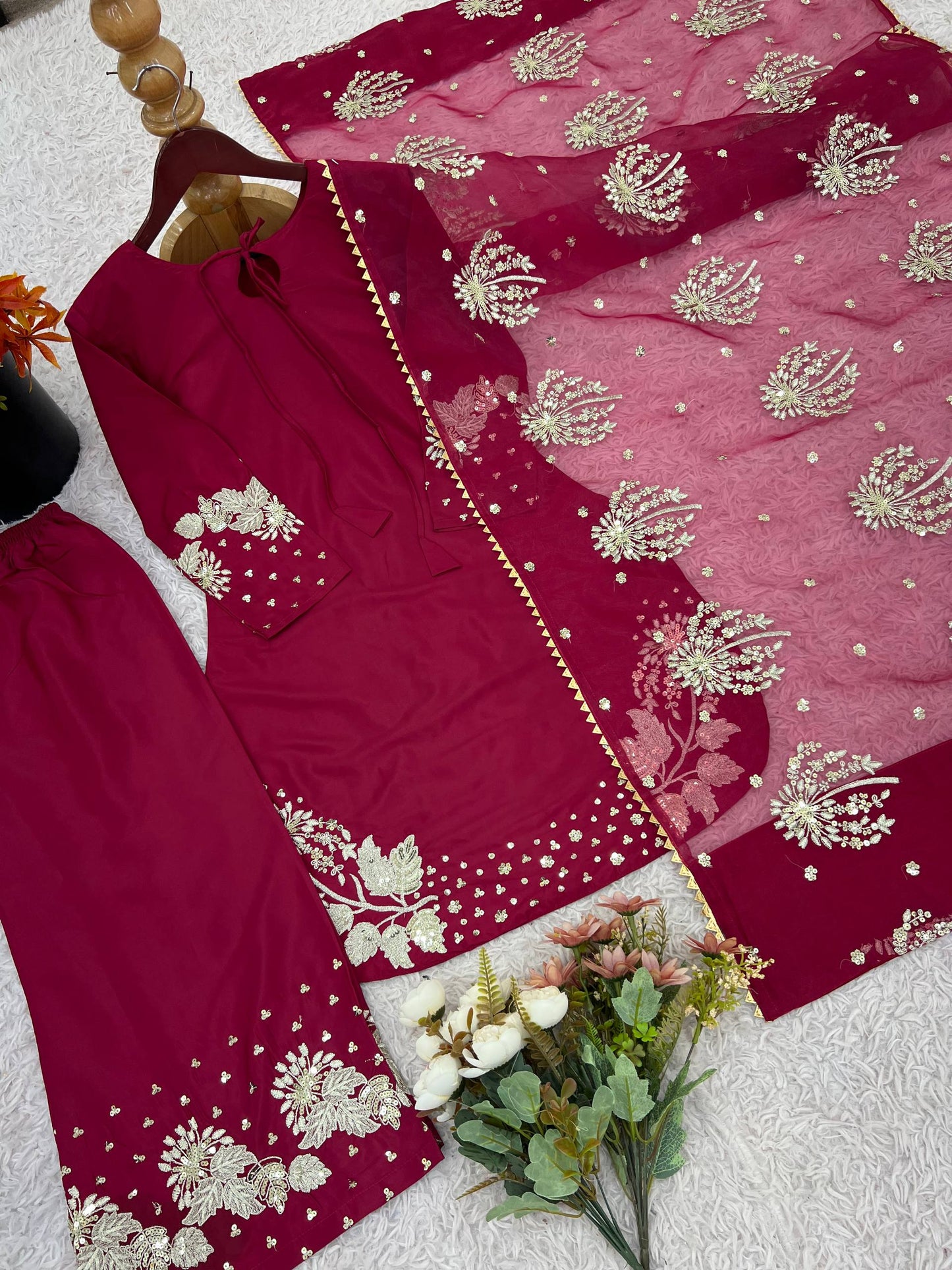 Celebrity Wear Maroon Color Embroidery Sequence Work Palazzo Suit