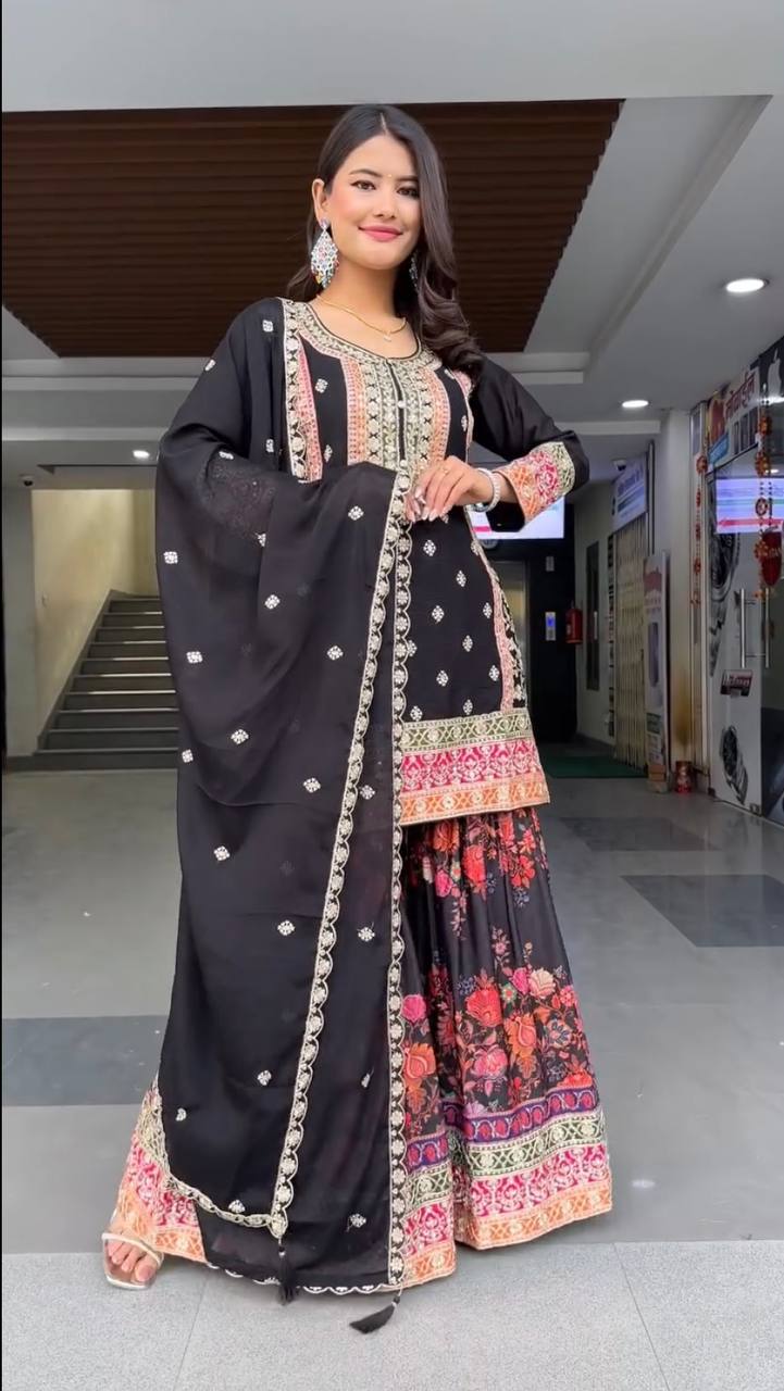 Exclusive Black Color Heavy Fuax Georgette Embroidery Sequences Work Palazzo Suit