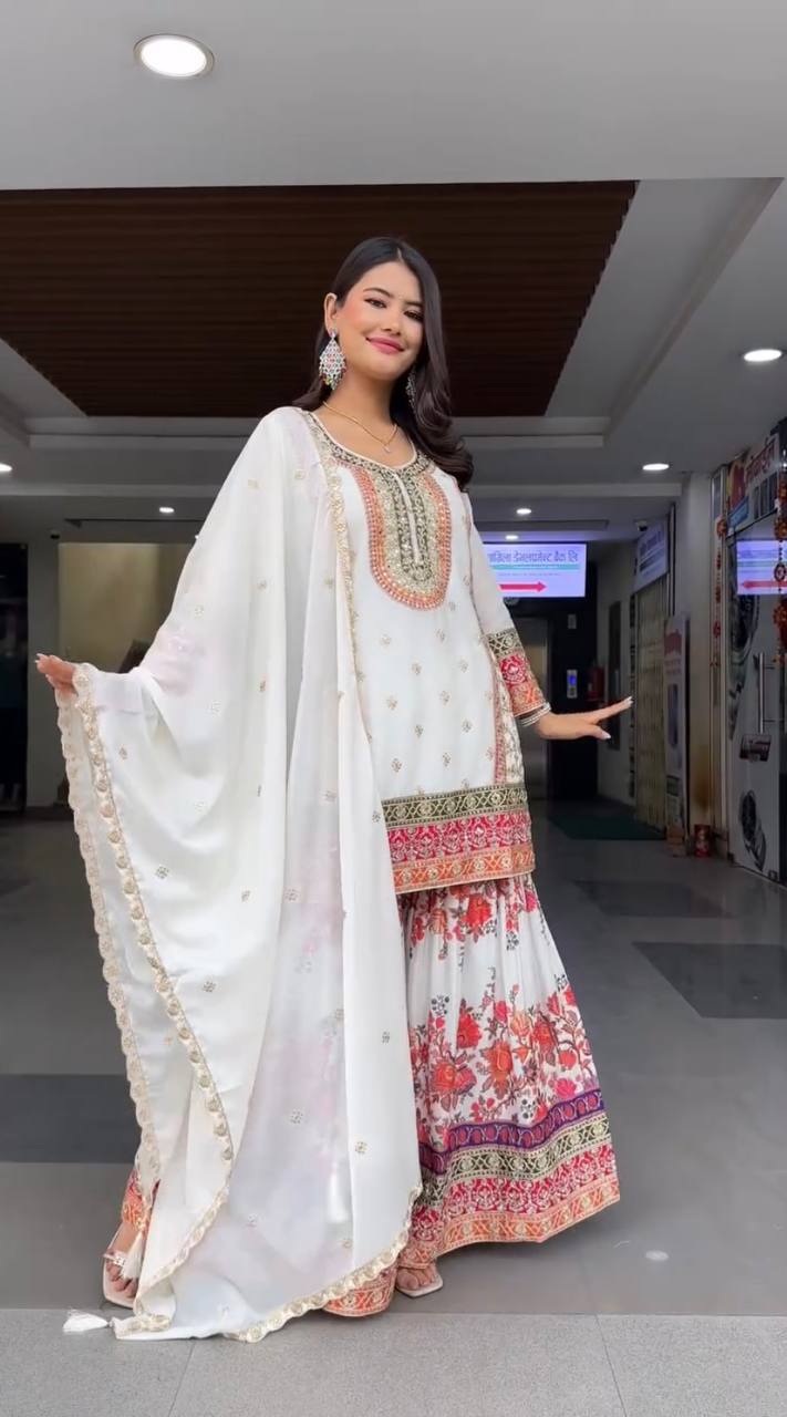Exclusive White Color Heavy Fuax Georgette Embroidery Sequences Work Palazzo Suit