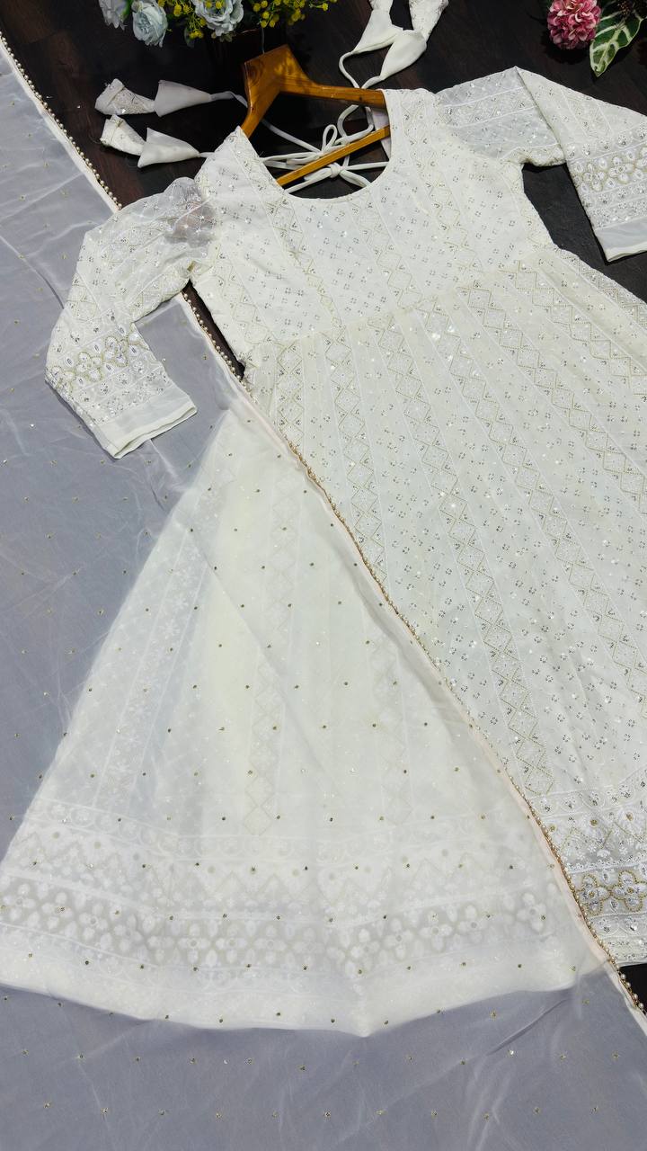 Wedding Wear White Color Soft Georgette Embroidered Designer Gown