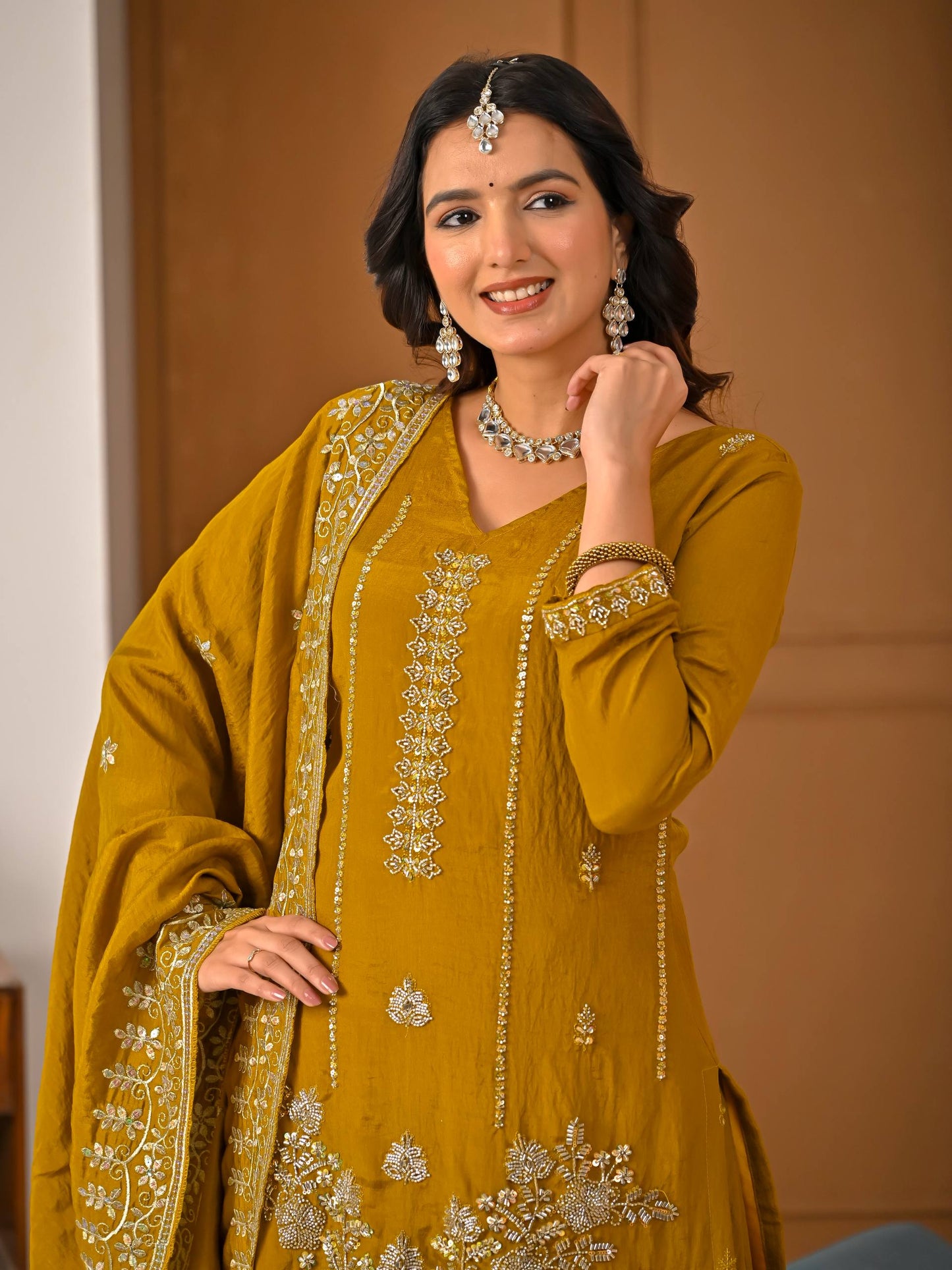 Ceremony Wear Yellow Vichitra Silk With Handwork Sharara Suit