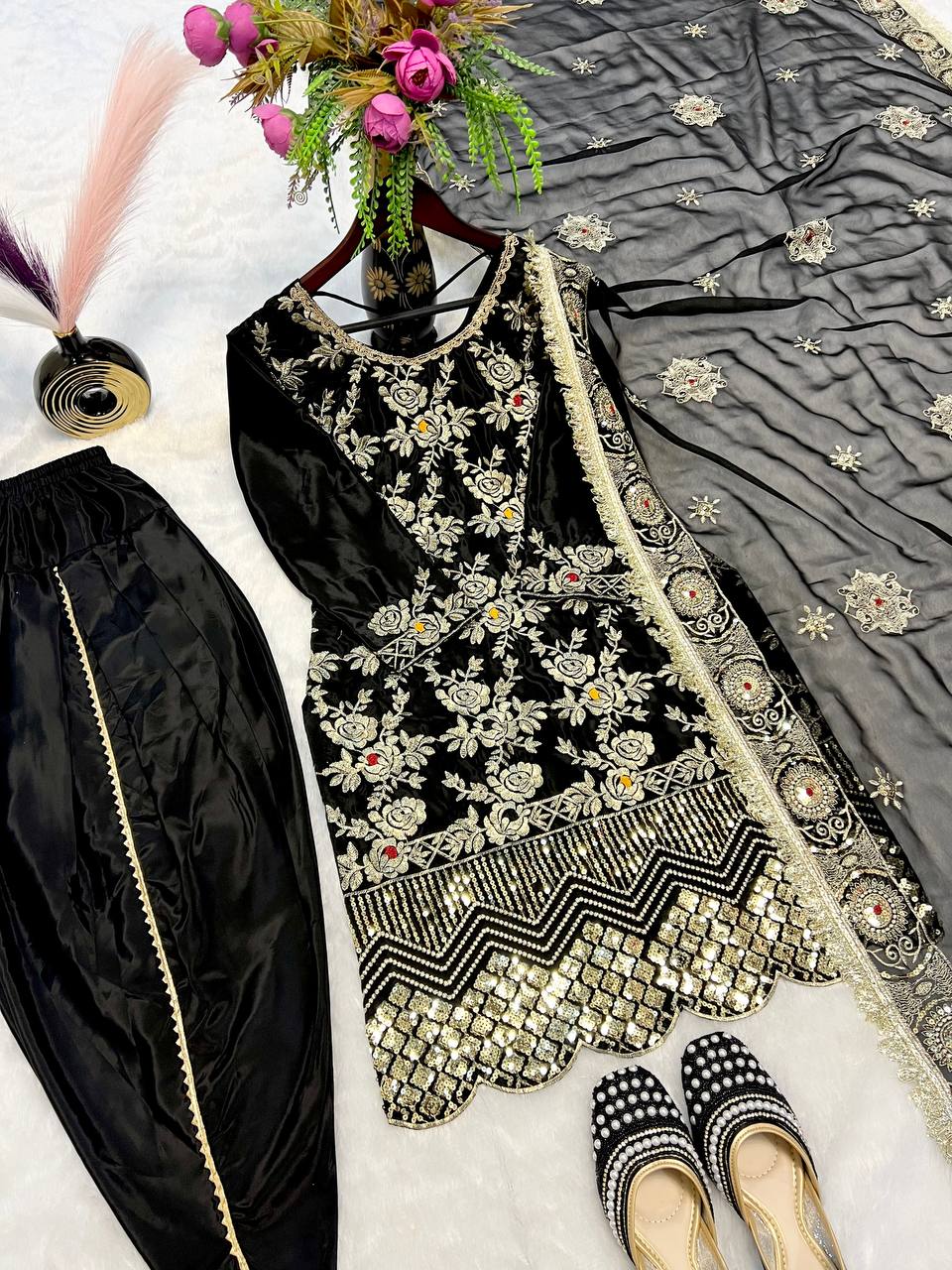 Exclusive Black Color Heavy Natural Crepe Silk With Sequence Work Dhoti Suit