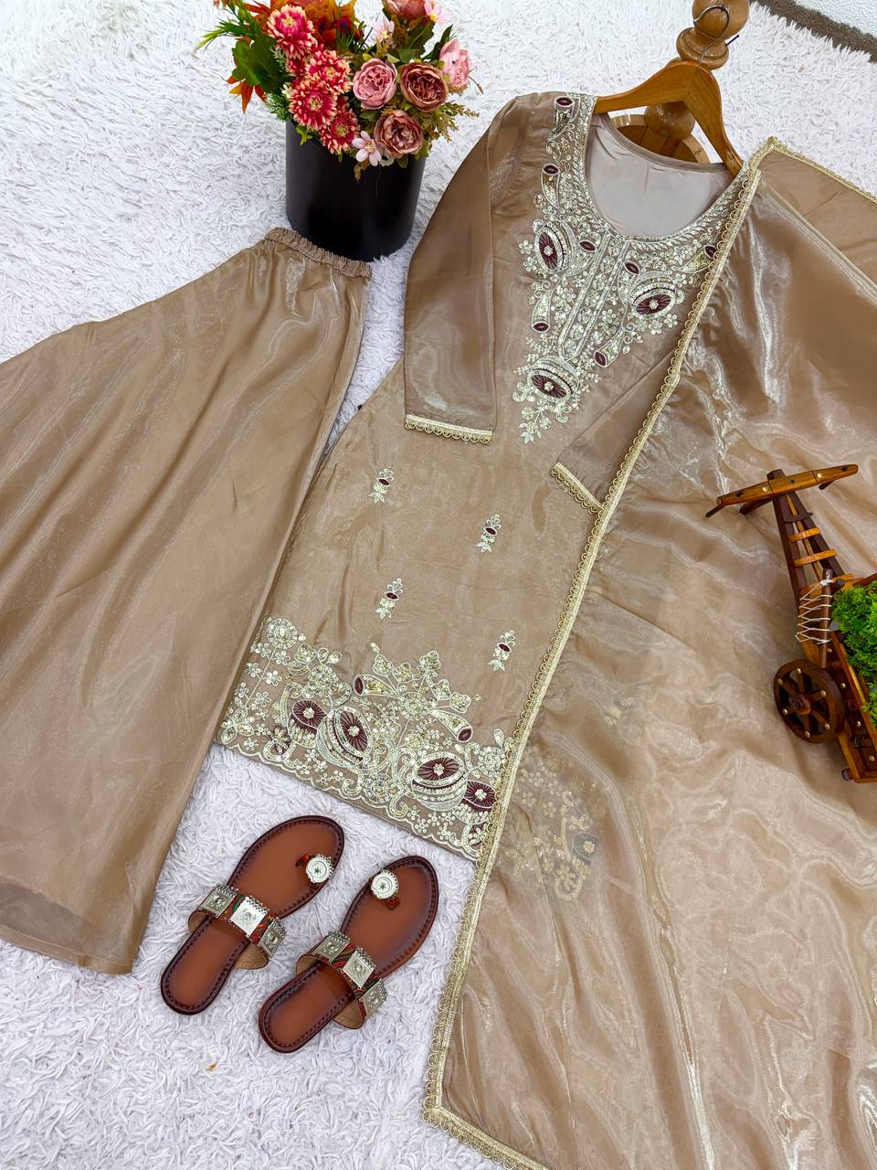 Elegant Beige Color Silky Silk Embroidered Palazzo Suit Set
