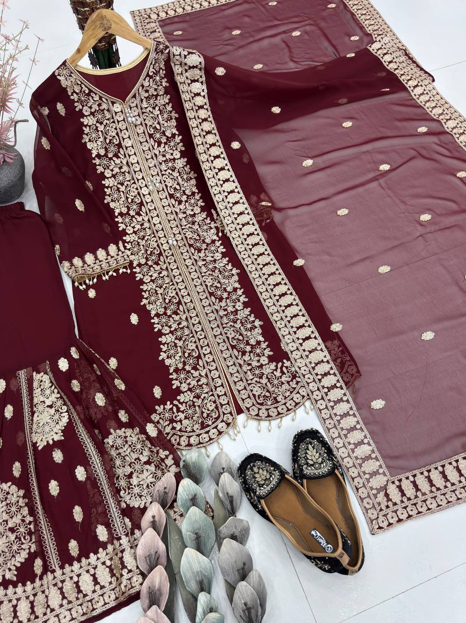 Fancy Maroon Color Sequins Sharara Suit With Dupatta Set