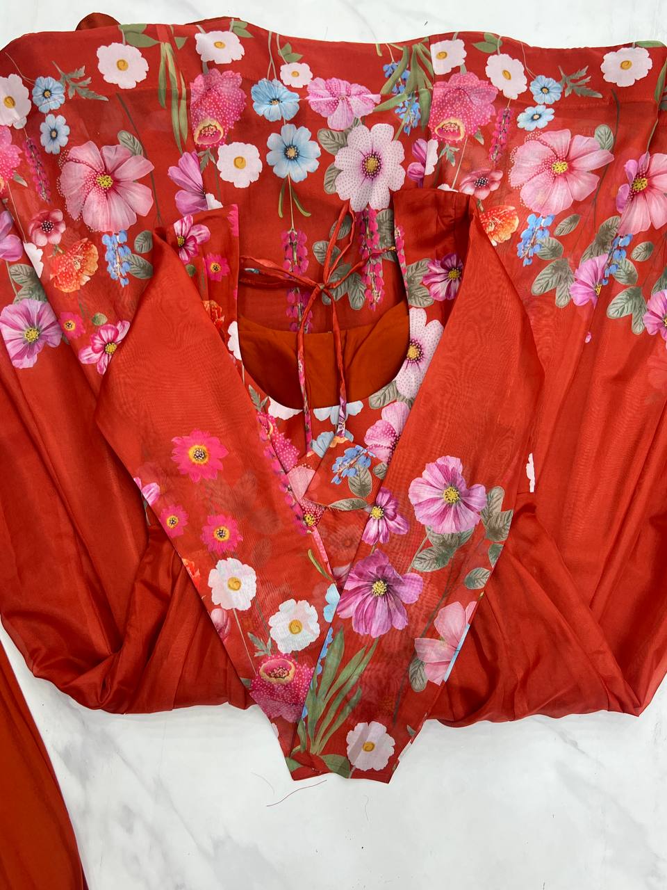 Party Wear Pure Soft Organza Silk Print Multi Flower Print Orange Color Anarkali Suit