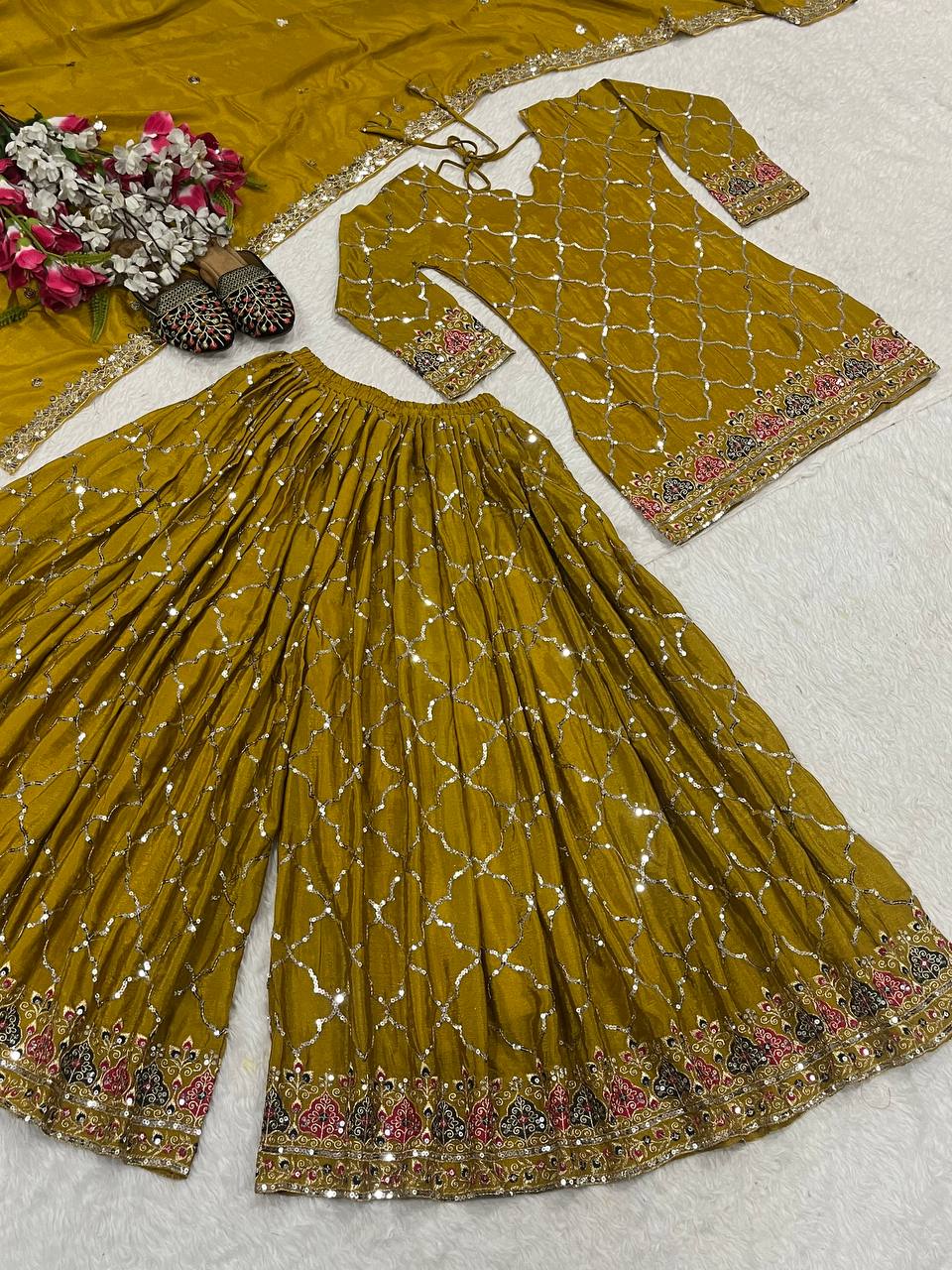 Wedding Wear Yellow Color Heavy Faux Georgette With 5mm Sequence Embroidery Work Sharara Suit