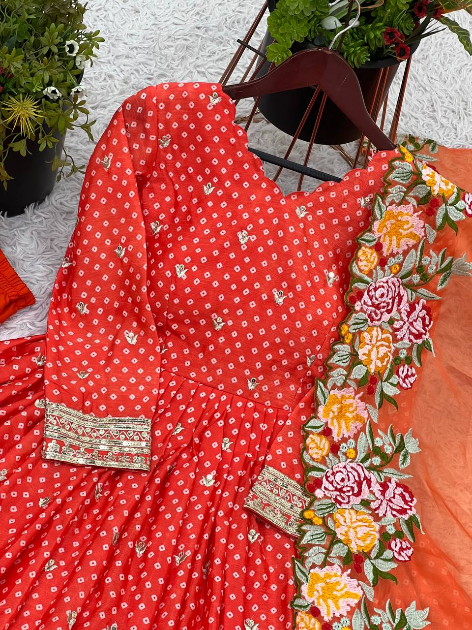 Wedding Wear Orange Color Chinon Silk With Embroidery Sequence Work Gown