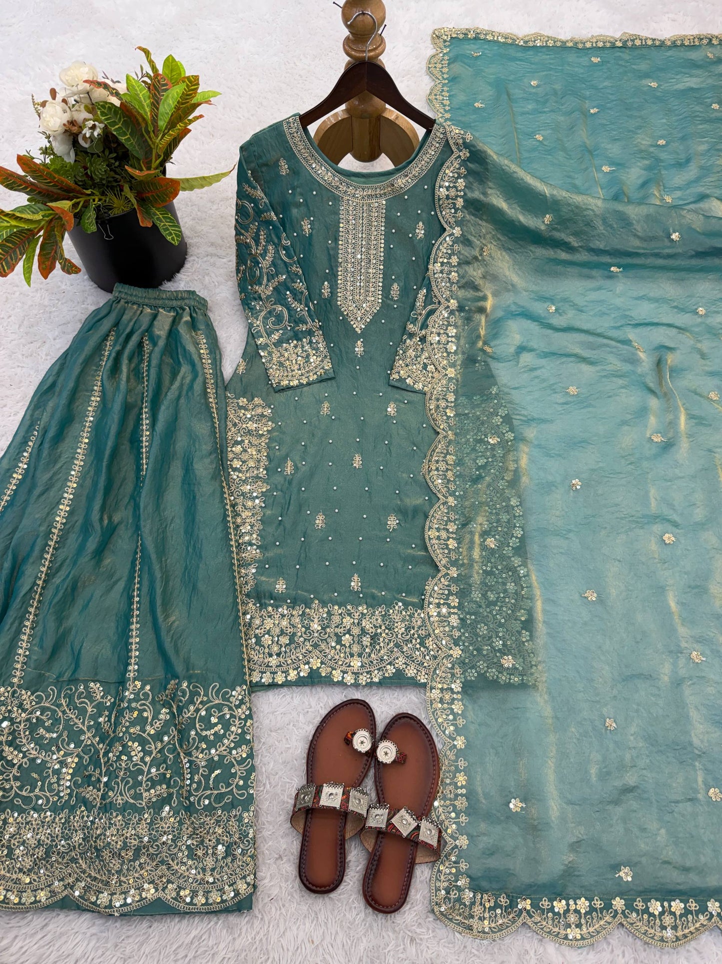Arti Chauhan Wear Fendy Silk Aqua Blue Color Palazzo Suit Set