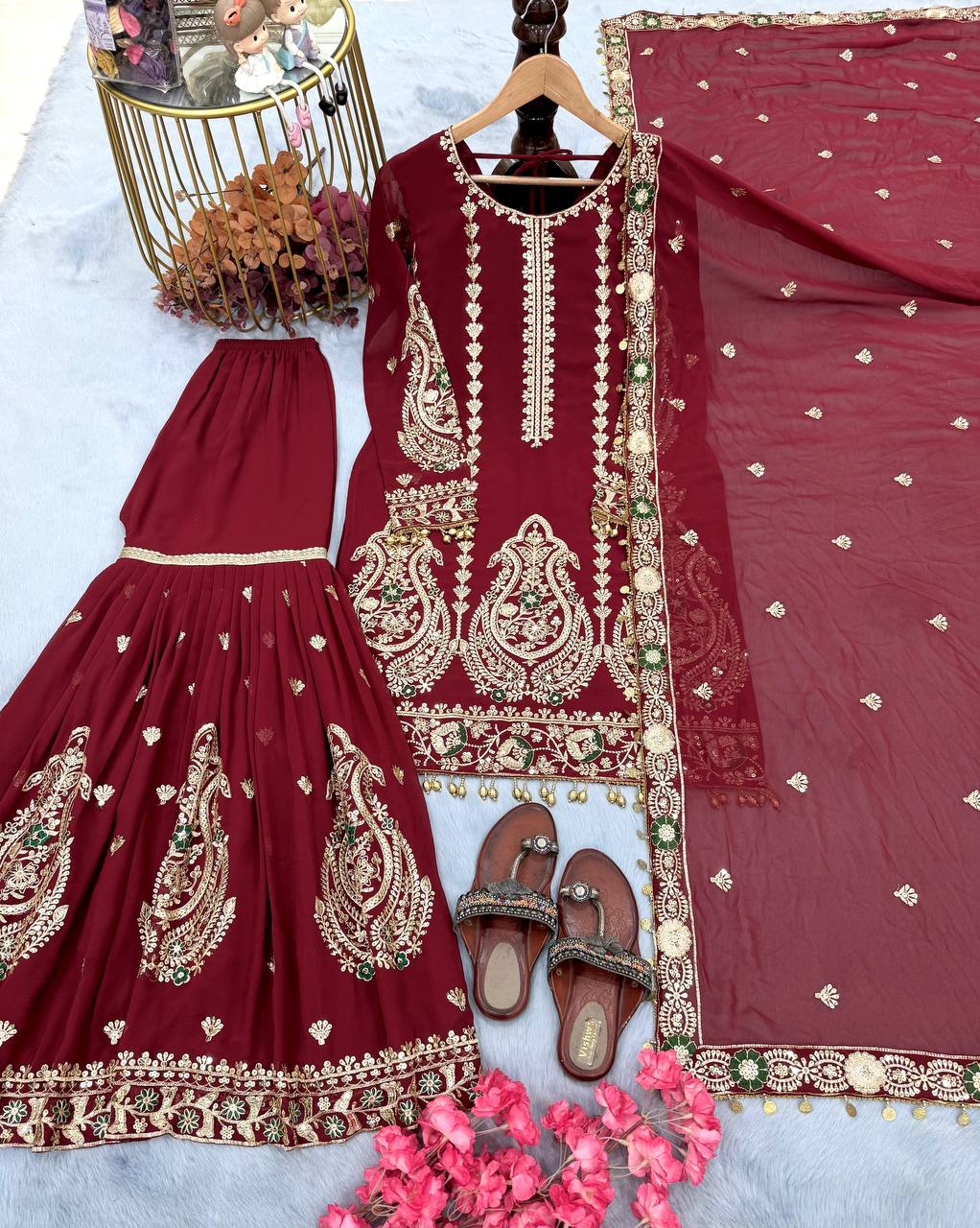 Wedding Wear Maroon Color Heavy Faux Georgette With Embroidery Work Sharara Suit