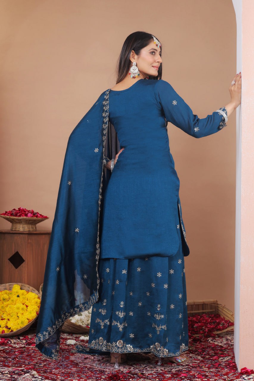 Elegant Blue Color Sequence Embroidered Sharara Suit