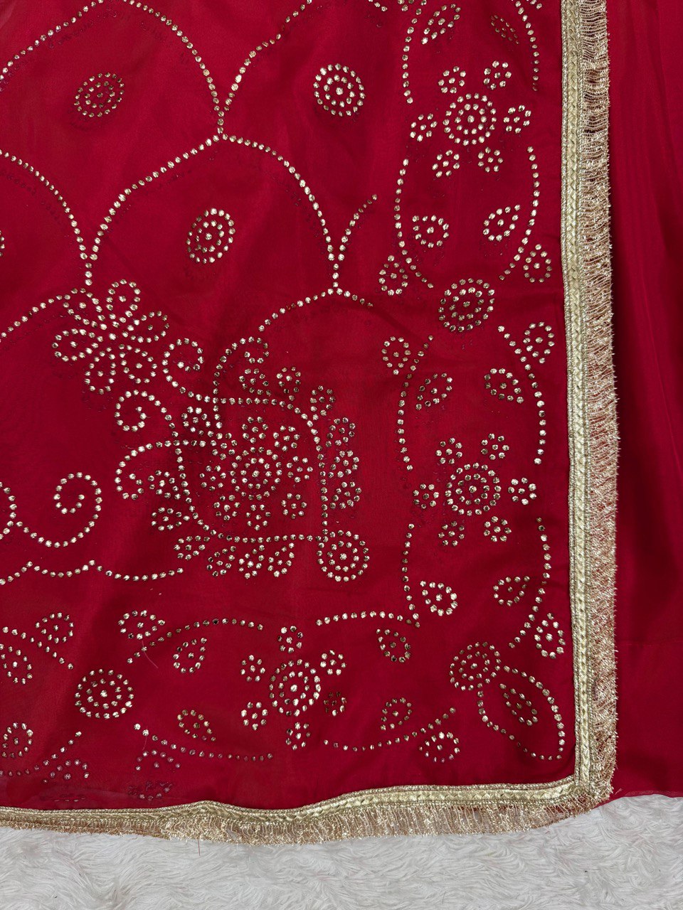 Wedding Wear Red Color Tabby Organza With Mukesh Work Designer Palazzo Suit