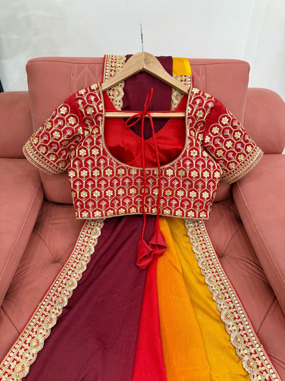 Wedding Wear Yellow-Orange Color Chinon Silk And Thread With Sequence Lace Work Saree
