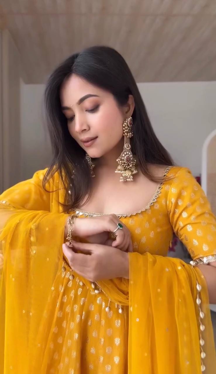 Elegant Yellow Color Chanderi Jacquard Butti Anarkali Set