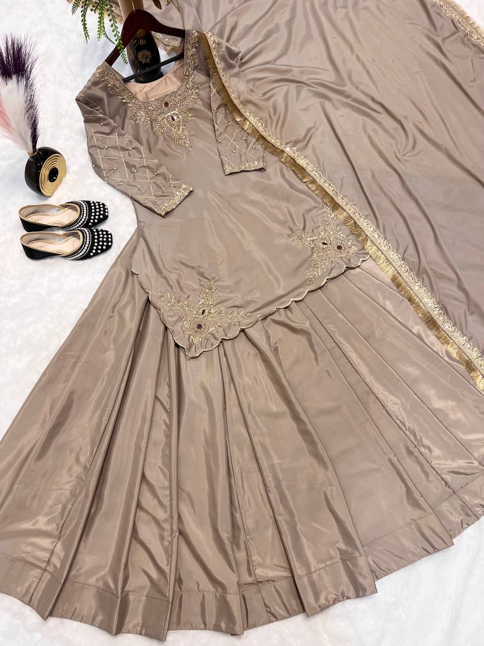 Exclusive Beige Color Natural Crepe Silk Bids Hand Work With Sequence With Embroidery And Zari Work Lehenga Suit