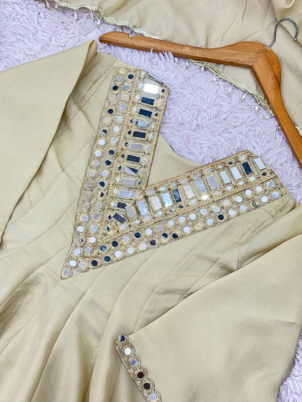 Wedding Wear Cream Color Cosmos Gold Jari Silk Real Mirror Neha's Sharara Set