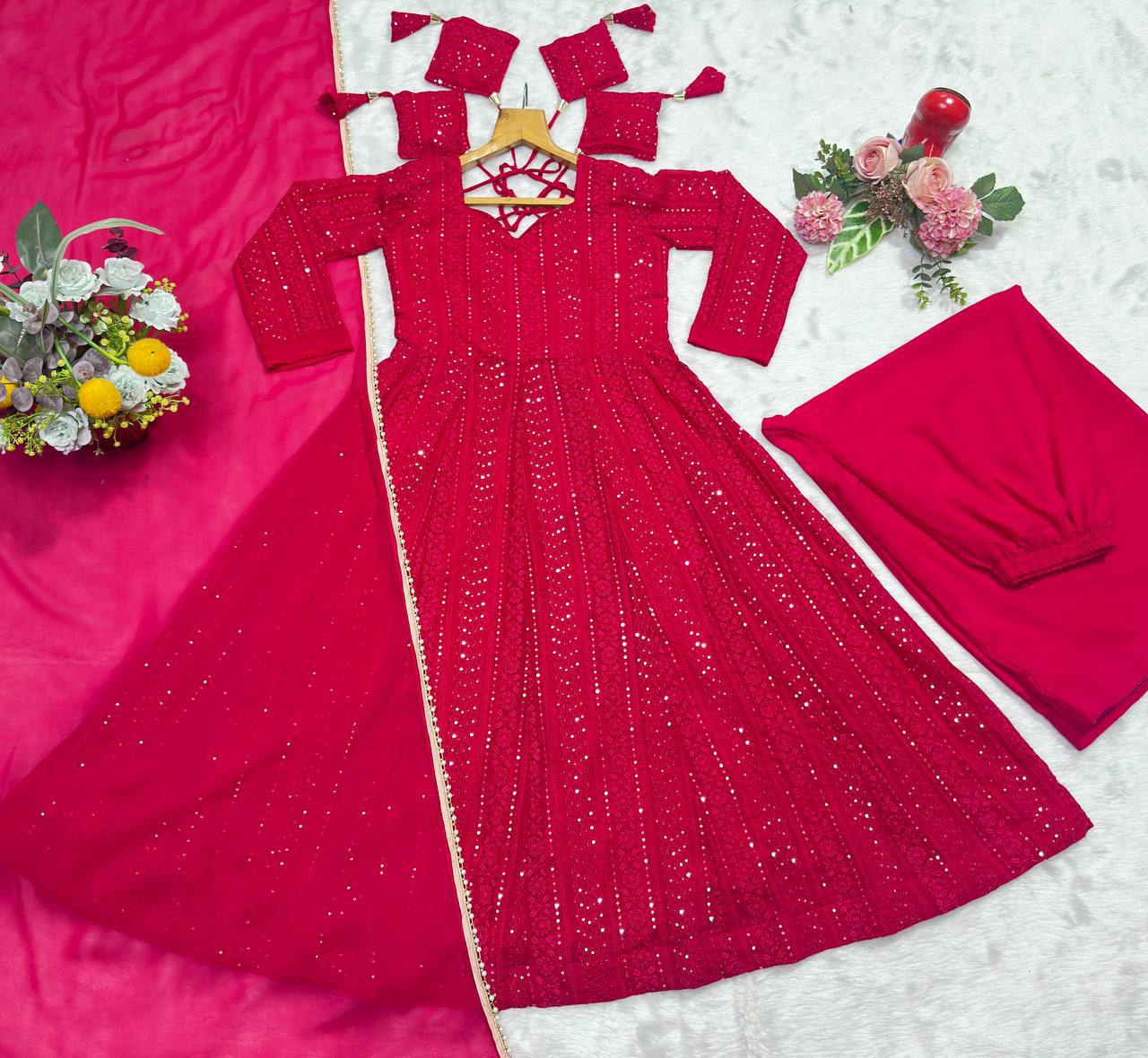 Designer Pink Color Faux Blooming Embroidered Sharara Set
