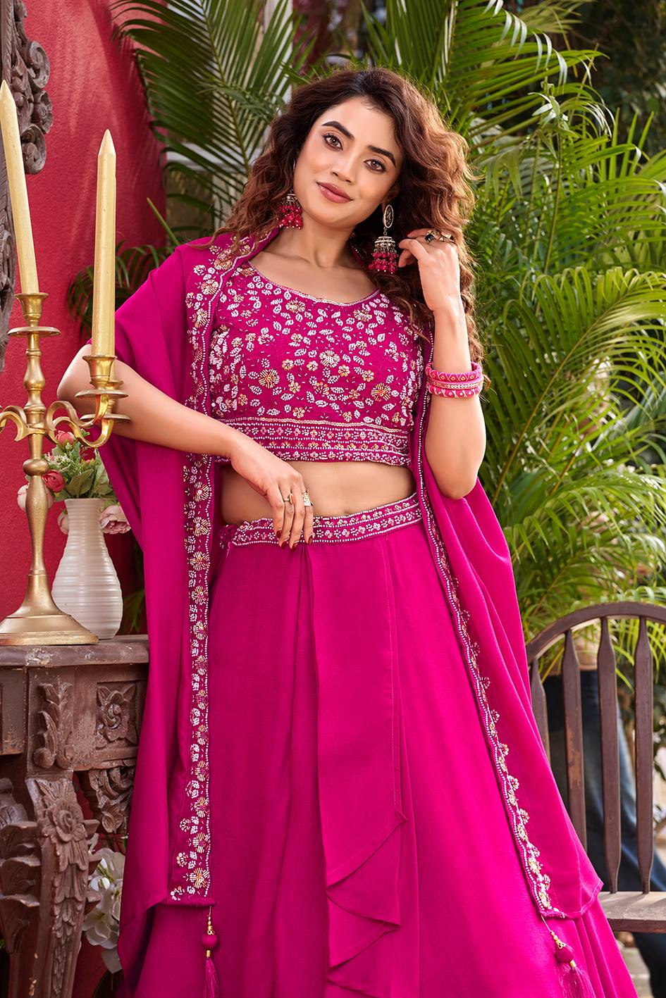 Admiring Pink Color Heavy Embroidery With Moti Work Lehenga With Shrug