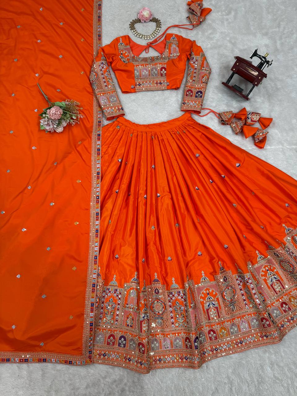Wedding Wear Orange Color Natural Crepe Silk Thread With Sequence Work Lehenga Choli