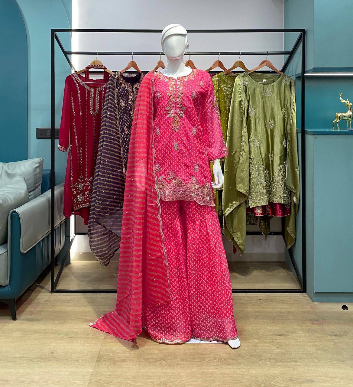 Pretty Pink Color Embroidered Work On Front Back With Diamond Work Sharara Suit